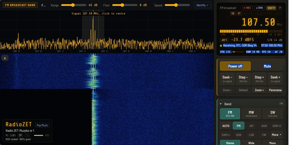 OFFgrid-SDR: widmo, wodospad oraz odczyt RDS RadioZET na 107,50 MHz.
