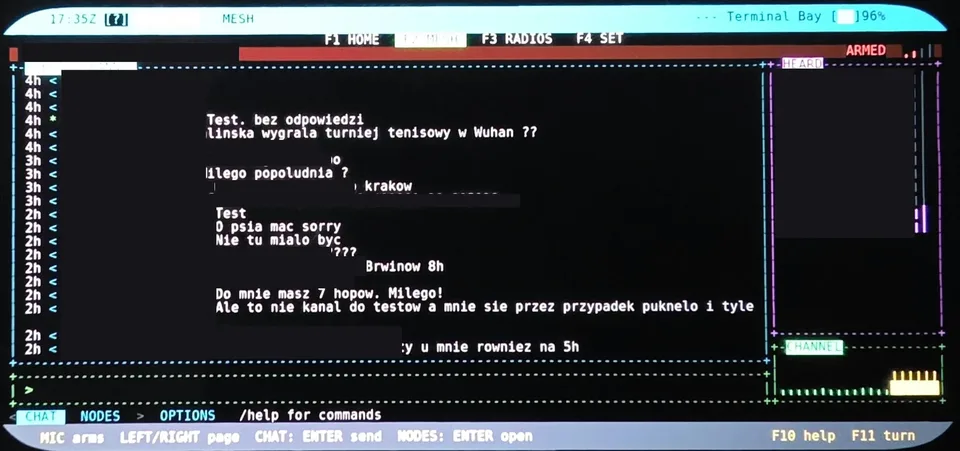 Własna wiadomość testowa na ekranie MeshCore w LakeShark