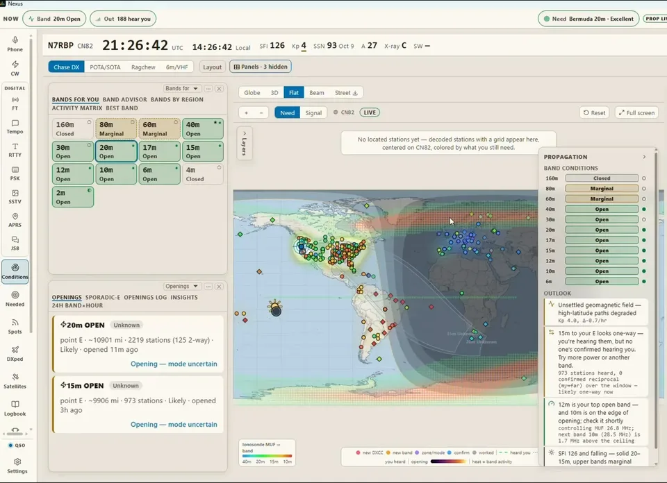 Zakładka Conditions w NEXUS: stan pasm od 160 do 6 m, mapa świata z terminatorem i stacjami oraz prognoza propagacji