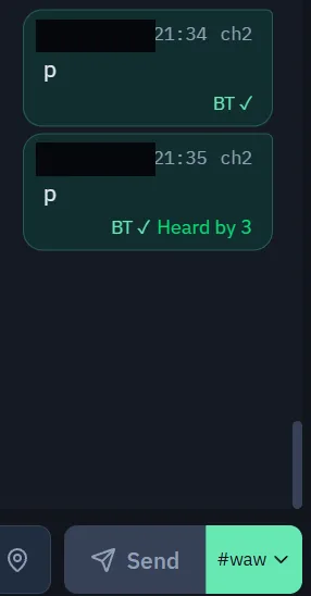 Fragment czatu MeshCore z potwierdzeniem Heard by 3 i wyborem scope waw przy przycisku Send