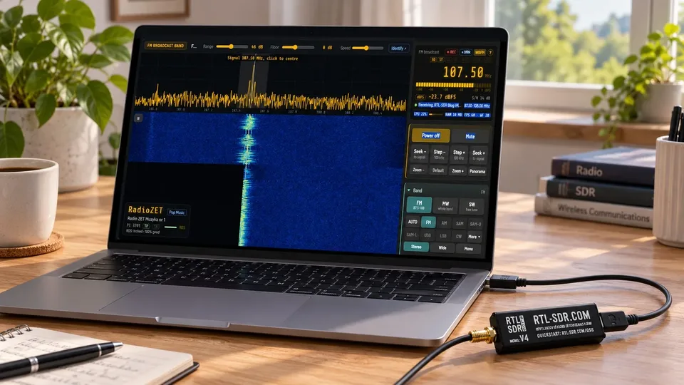 Laptop z interfejsem OFFgrid-SDR i podłączonym odbiornikiem RTL-SDR Blog V4 na biurku.