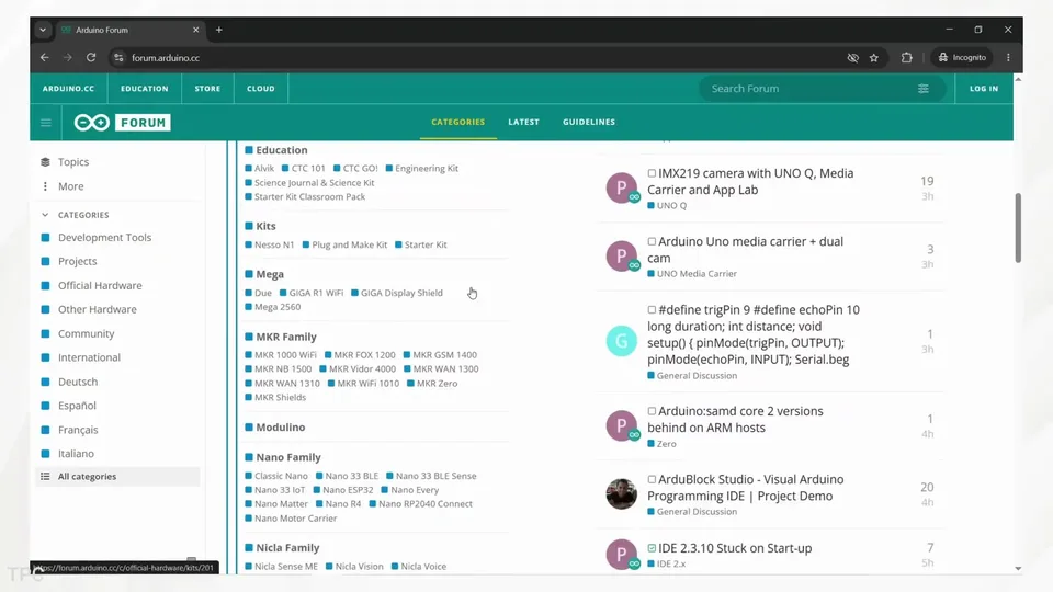 Forum Arduino: lista kategorii sprzętowych (Mega, MKR, Nano, Nicla) i najnowsze wątki użytkowników