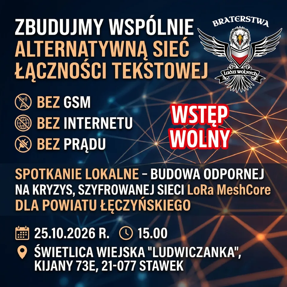 Plakat spotkania MeshCore w Kijanach: 25.10.2026, godz. 15:00, świetlica wiejska „Ludwiczanka”, wstęp wolny