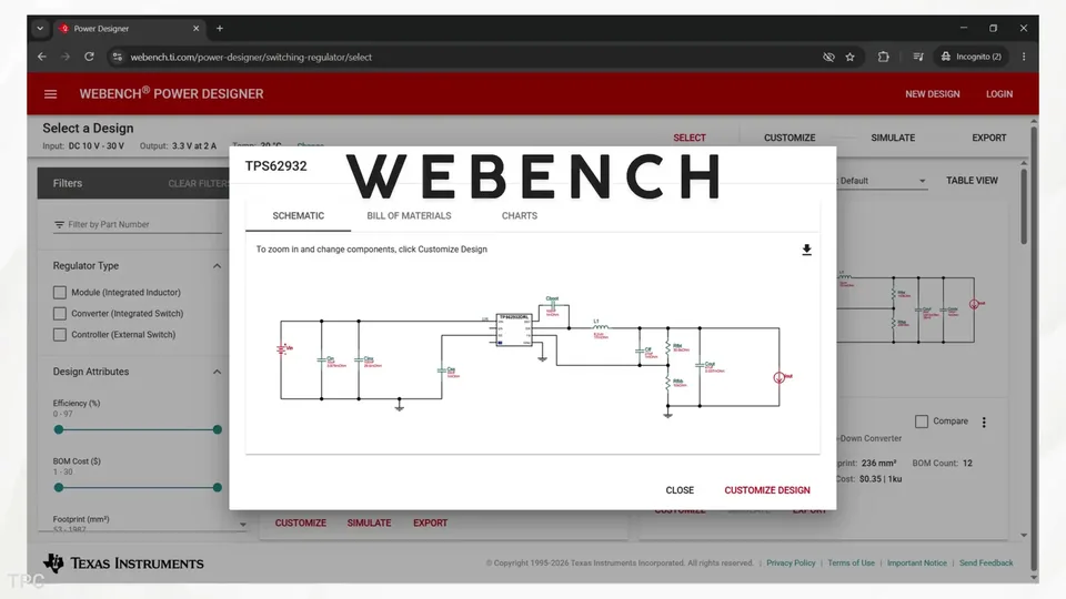 WEBENCH Power Designer: schemat przetwornicy na układzie TPS62932 z zakładkami Schematic, Bill of Materials i Charts