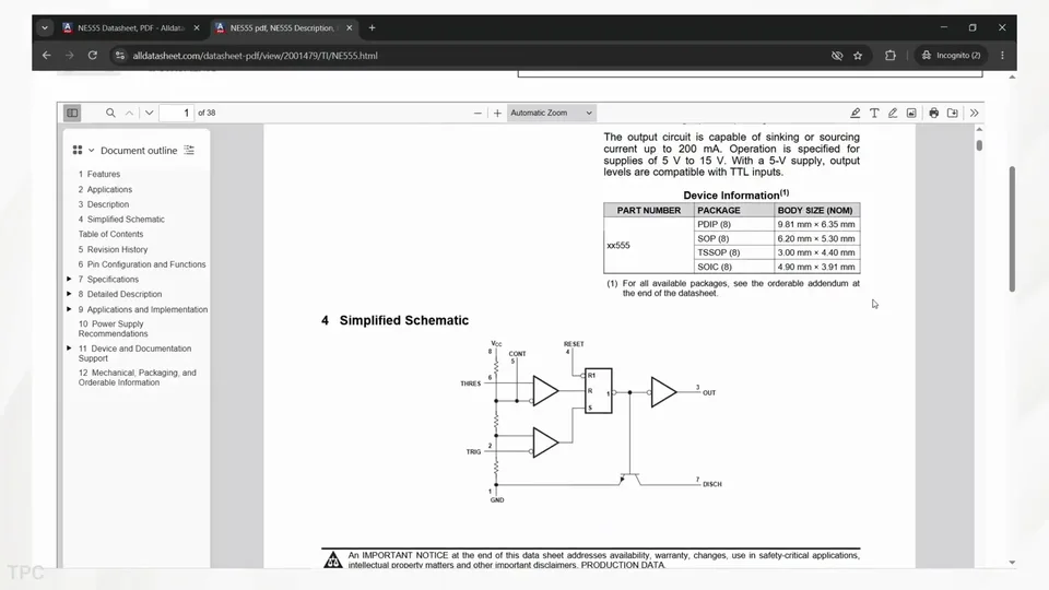 Alldatasheet: nota katalogowa układu NE555 z tabelą obudów i uproszczonym schematem wewnętrznym