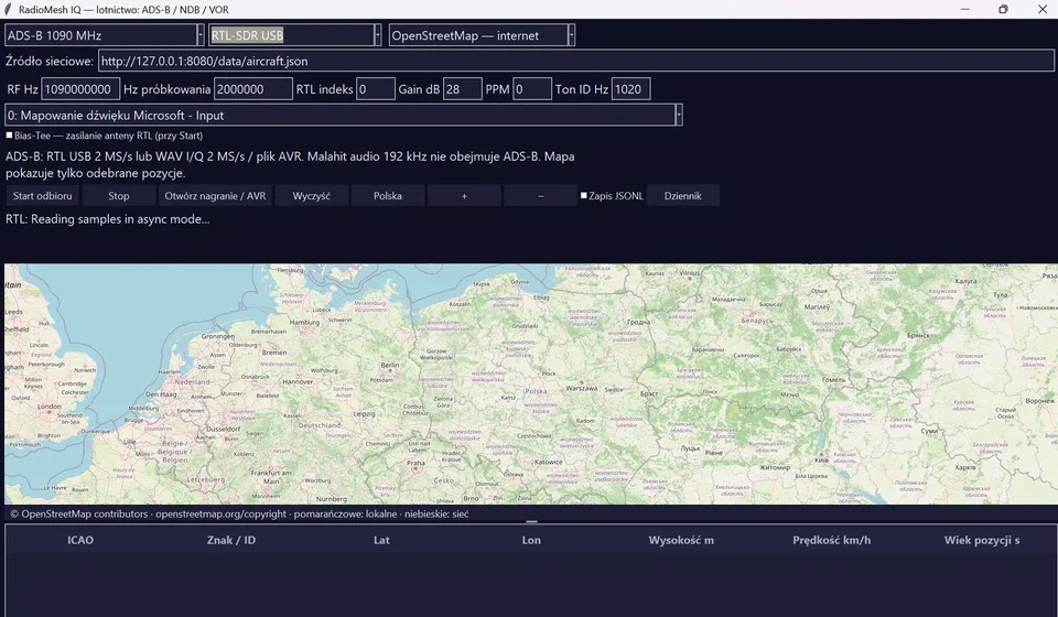 RadioMesh IQ v46.1: okno ADS-B z mapą OpenStreetMap i ustawieniami odbiornika RTL-SDR.