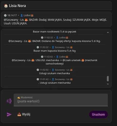 Karta kanału Lisia Nora w Home Assistant z komendami bazaru i usług oraz odpowiedziami bota