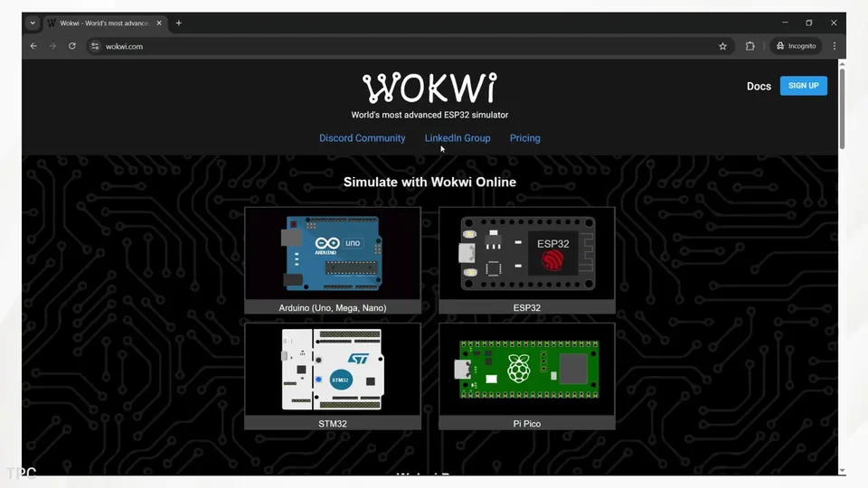 Strona główna Wokwi z kafelkami płytek do symulacji: Arduino (Uno, Mega, Nano), ESP32, STM32 i Pi Pico