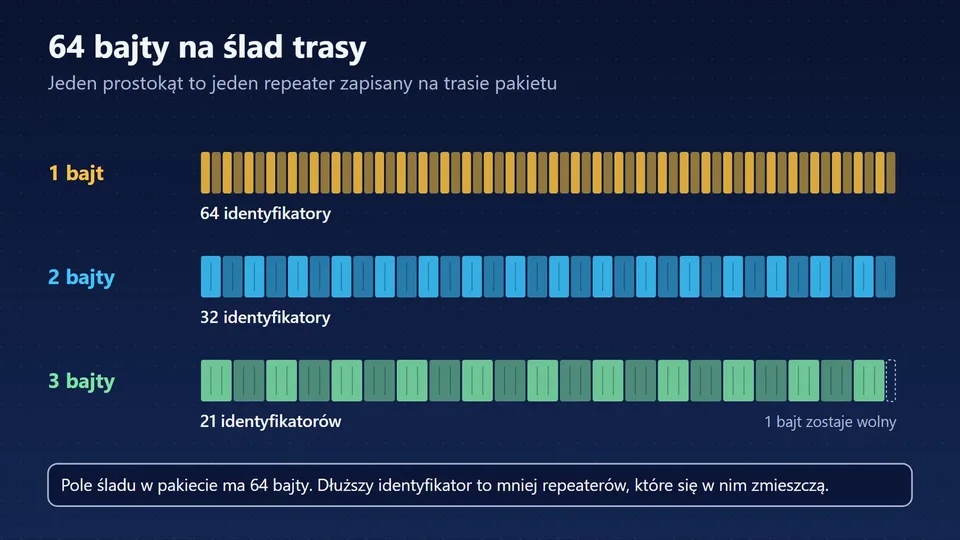 Pole śladu o długości 64 bajtów mieści 64 identyfikatory 1-bajtowe, 32 identyfikatory 2-bajtowe albo 21 identyfikatorów 3-bajtowych