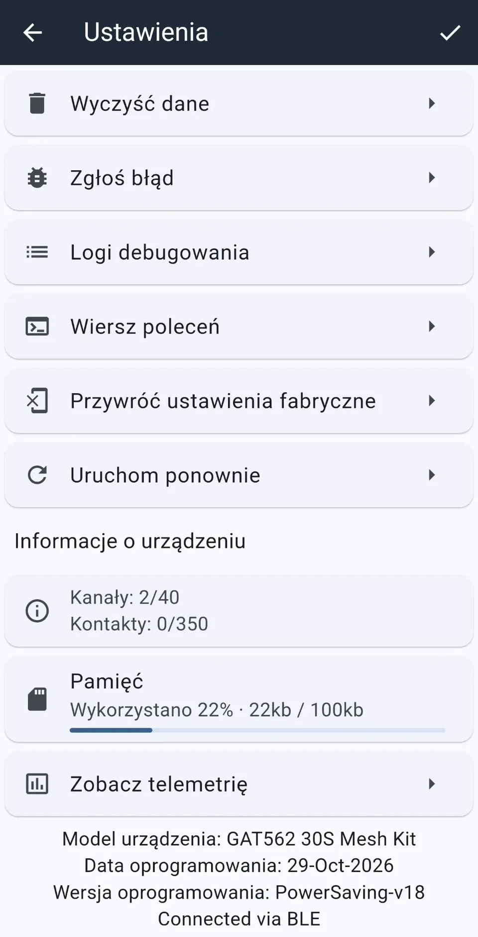 Aplikacja pokazuje wersję PowerSaving-v18 i połączenie przez BLE