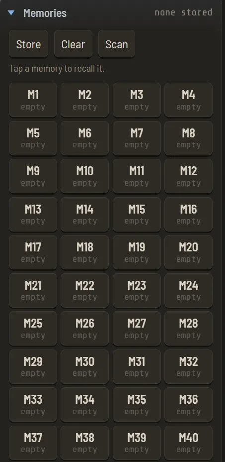Panel Memories z przyciskami Store, Clear i Scan oraz pustymi pamięciami M1–M40.