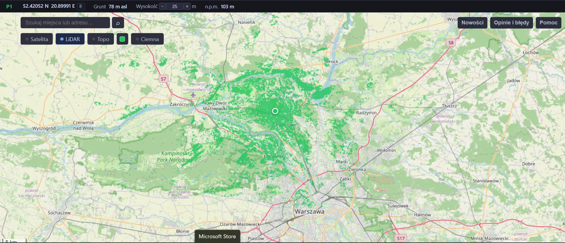 Mapa przewidywanej widoczności z anteny 25 m nad gruntem w okolicach Legionowa.