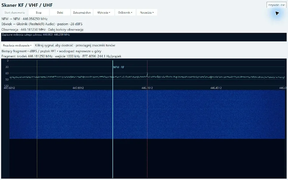 Widmo i wodospad PMR446 w pełnym widoku skanera UX31