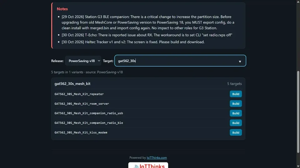Lista pięciu ról GAT562 30S, w tym companion_radio_ble, i przyciski Build