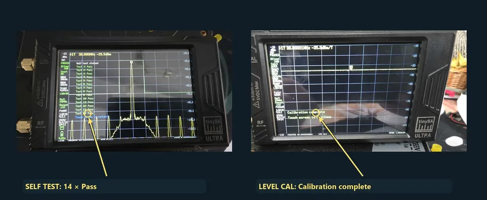 SELF TEST: 14 Pass oraz Calibration complete ze strzałkami