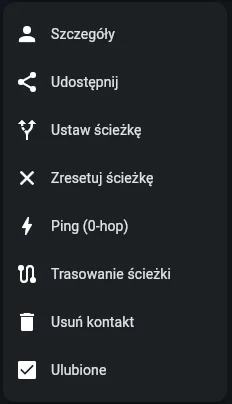 Menu kontaktu w aplikacji MeshCore z opcjami Szczegóły, Ustaw ścieżkę, Zresetuj ścieżkę i Trasowanie ścieżki