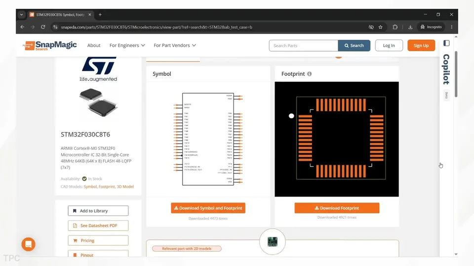 SnapMagic Search: strona mikrokontrolera STM32F030C8T6 z symbolem schematowym, footprintem i przyciskami pobierania