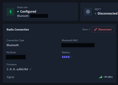 Połączenie Meshtastic przez Bluetooth, stan Configured oraz odczyt wersji firmware’u