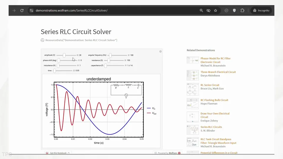 Wolfram Demonstrations: Series RLC Circuit Solver z suwakami parametrów i wykresem napięć wejściowego i wyjściowego w czasie