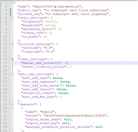 Plik kopii JSON w edytorze tekstu: pola name, public_key i private_key, a pod nimi ustawienia radia, pozycji i kanały
